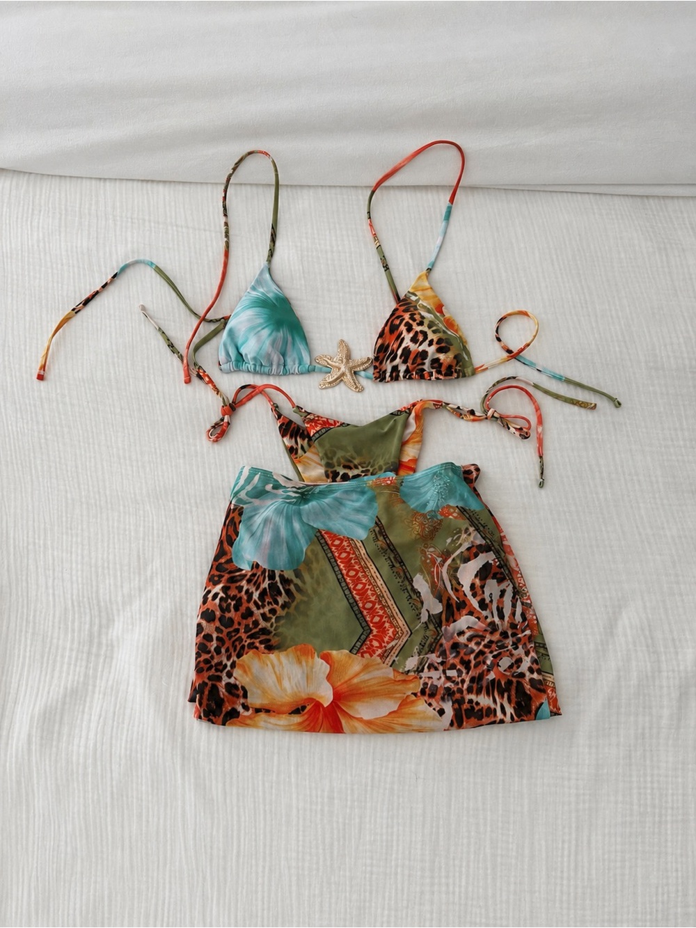 Tropical Floral & Leopard Print Bikini Set with MAXI Skirt (not mini skirt)